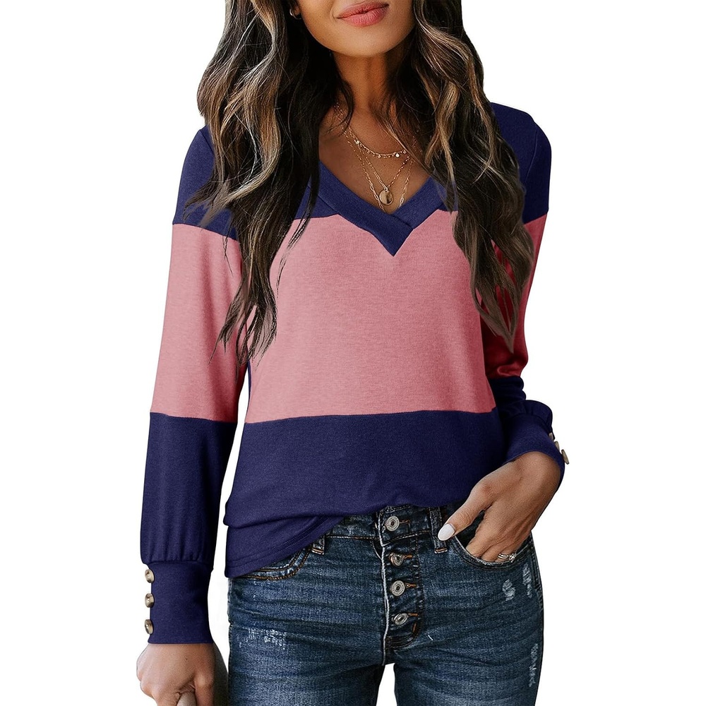 image:imageDokotoo Womens Long Sleeve Tops V Neck Color Block Pullover Casual SweaterBlue Stripe
