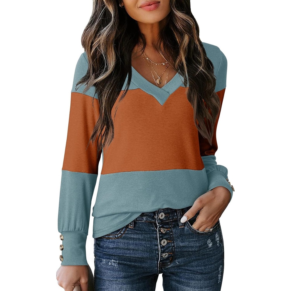 image:imageDokotoo Womens Long Sleeve Tops V Neck Color Block Pullover Casual SweaterCanton