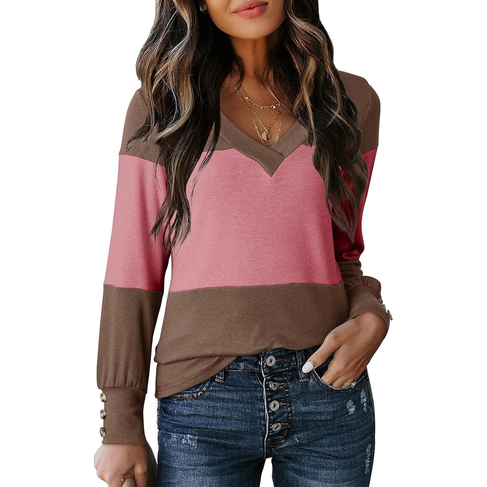 image:imageDokotoo Womens Long Sleeve Tops V Neck Color Block Pullover Casual SweaterDesert Palm