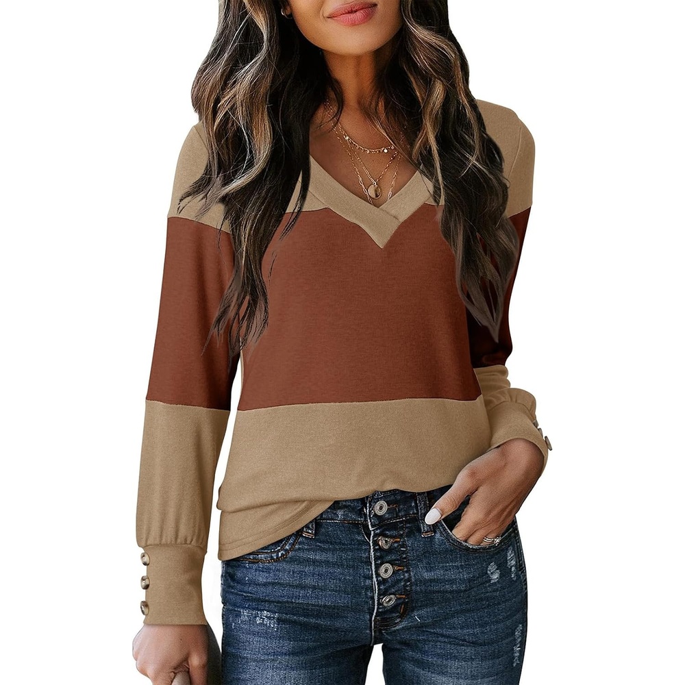 image:imageDokotoo Womens Long Sleeve Tops V Neck Color Block Pullover Casual SweaterLight French Beige