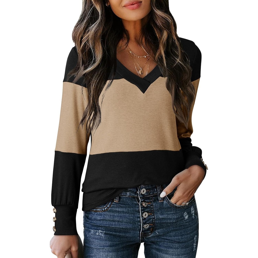 image:imageDokotoo Womens Long Sleeve Tops V Neck Color Block Pullover Casual SweaterParchment