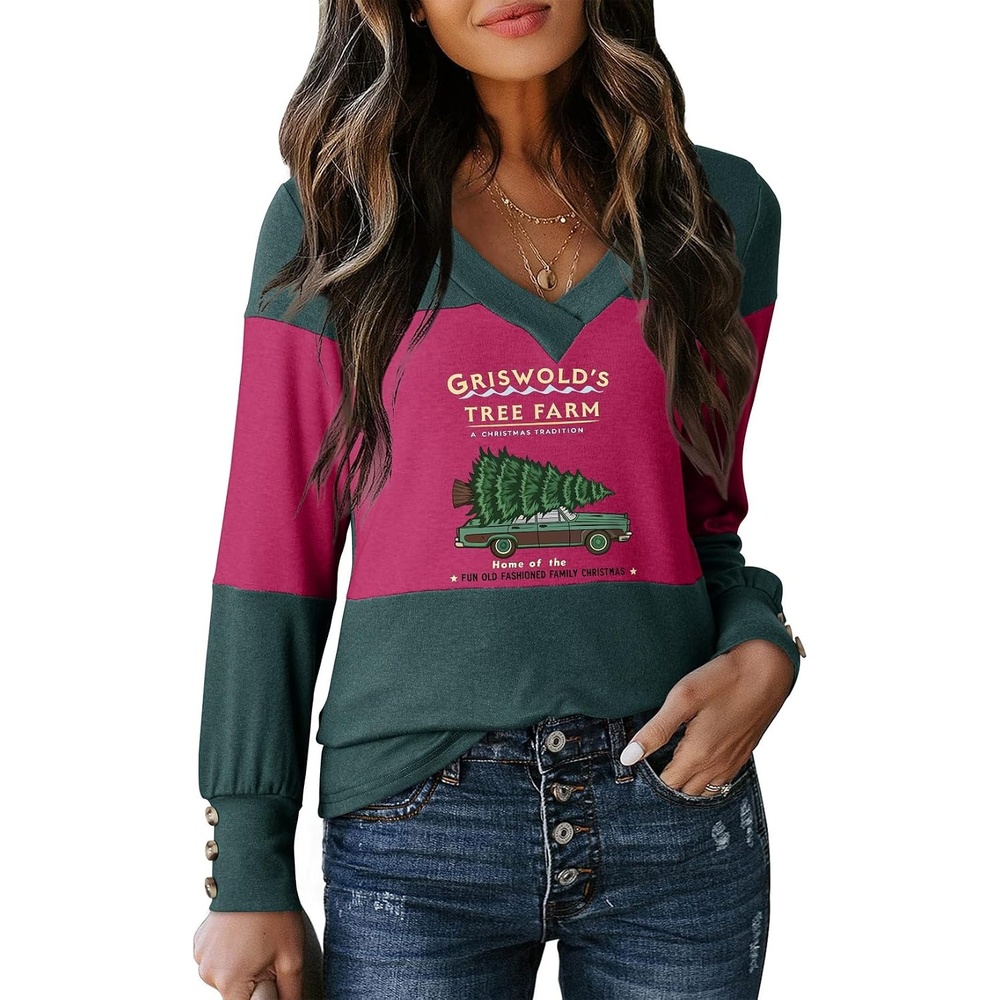 image:imageDokotoo Womens Long Sleeve Tops V Neck Color Block Pullover Casual SweaterX2 Evergreen