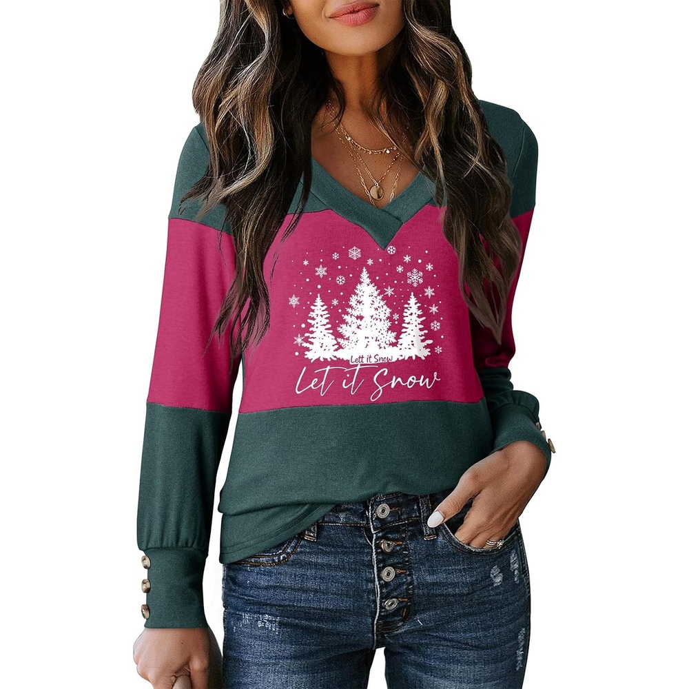 image:imageDokotoo Womens Long Sleeve Tops V Neck Color Block Pullover Casual SweaterX3 Evergreen
