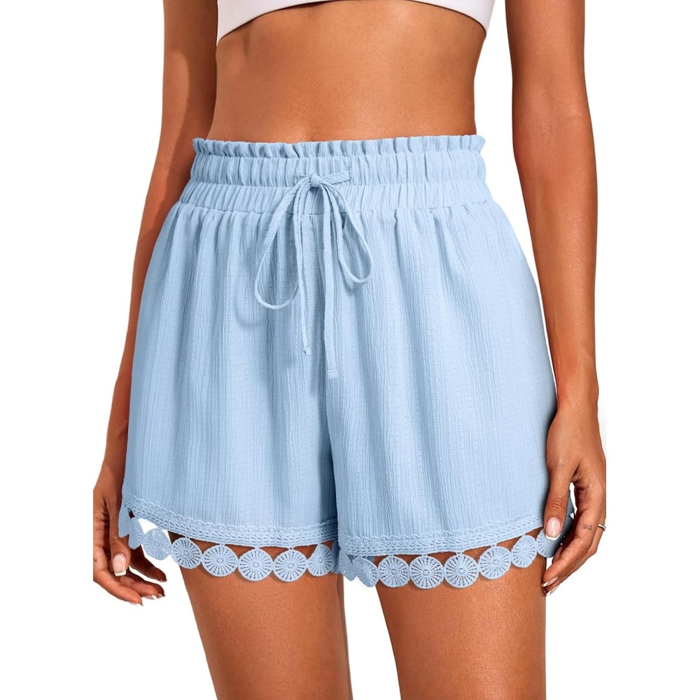 image:imageDokotoo Womens Shorts Summer Elastic Waist Wide Leg Lace Beach Cover UpsBlue