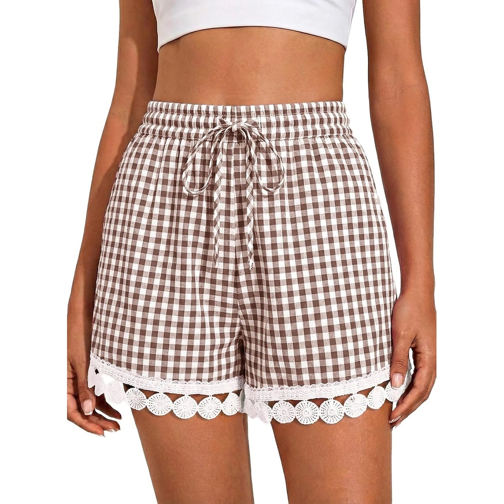 image:imageDokotoo Womens Shorts Summer Elastic Waist Wide Leg Lace Beach Cover UpsBrown Plaid