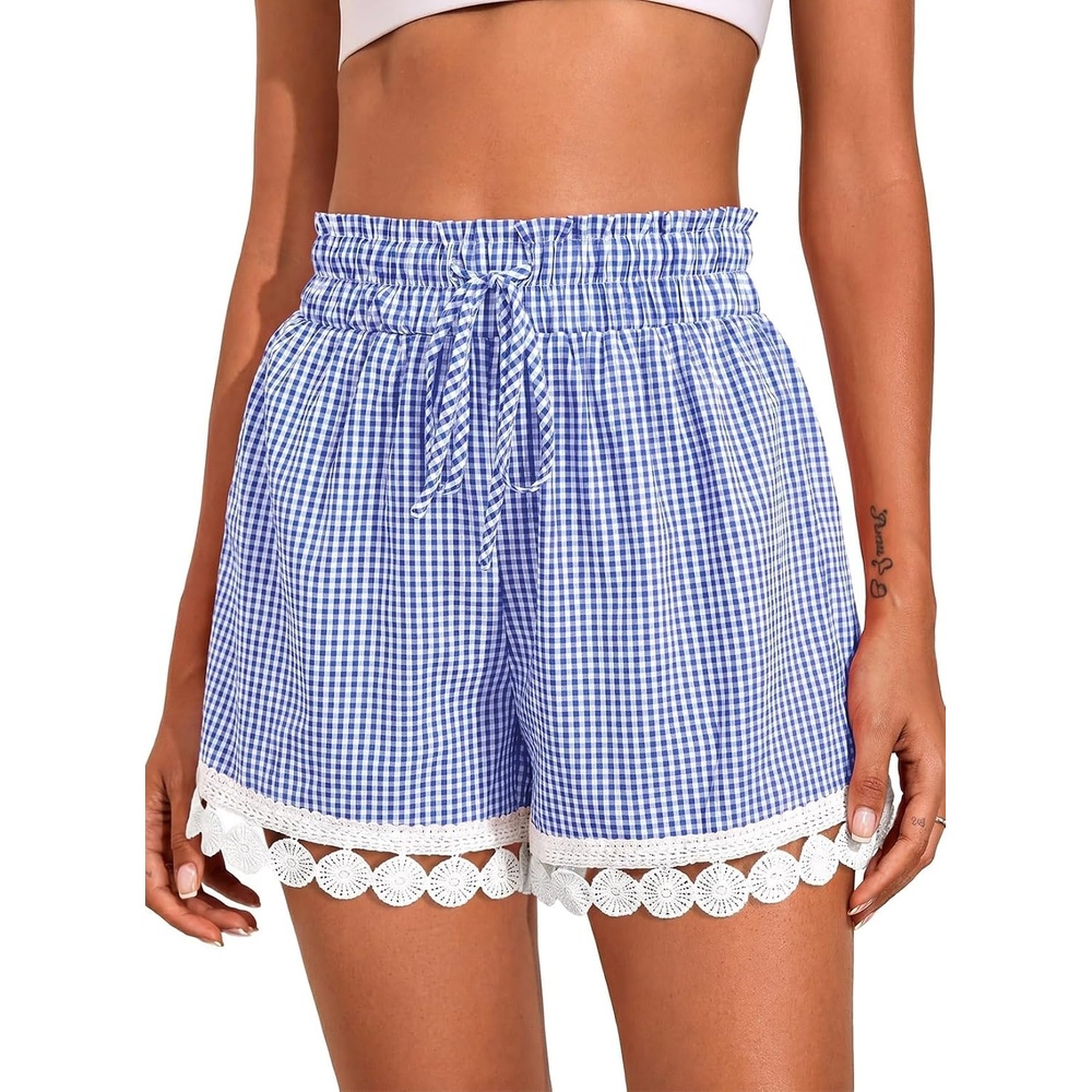 image:imageDokotoo Womens Shorts Summer Elastic Waist Wide Leg Lace Beach Cover UpsDark Blue Plaid