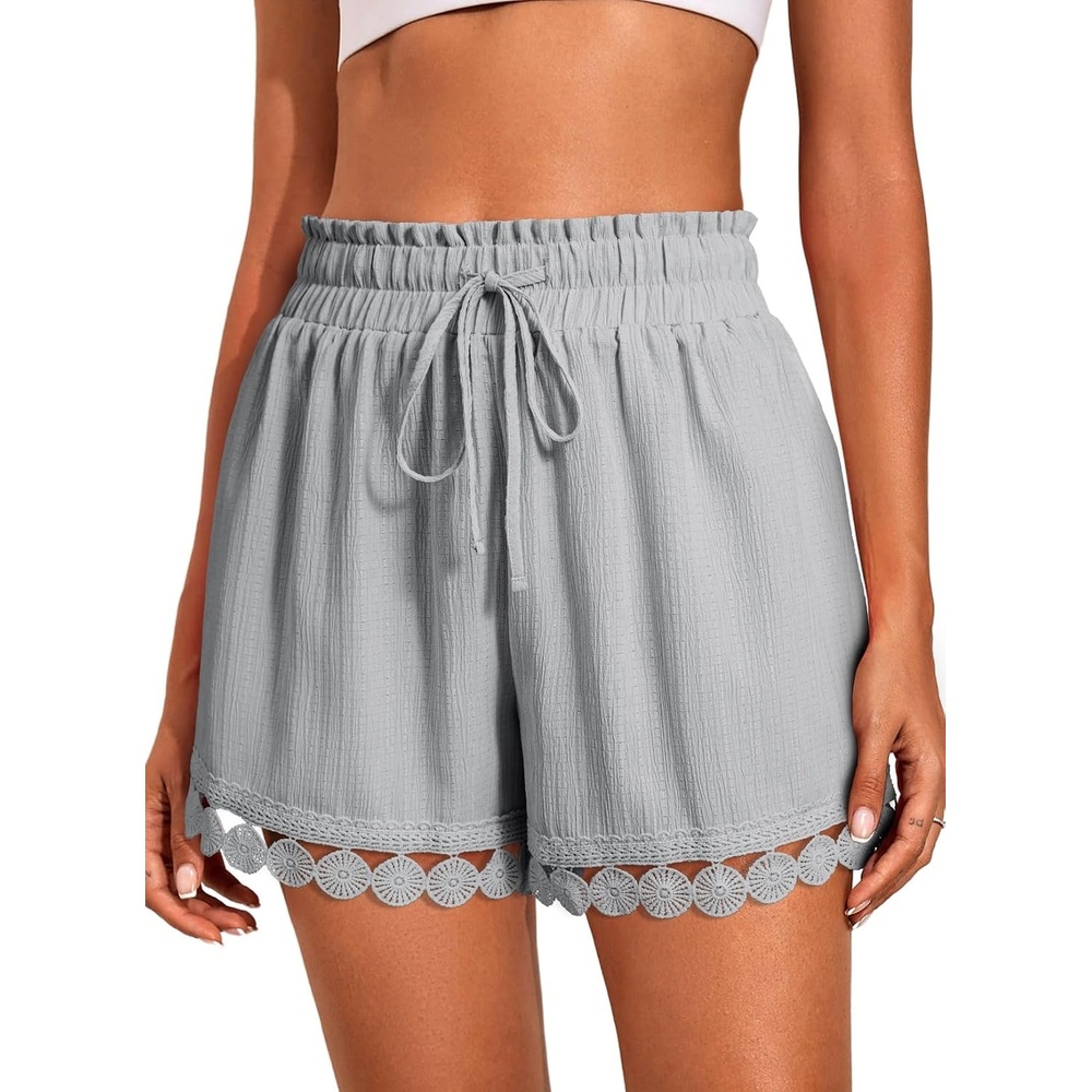 image:imageDokotoo Womens Shorts Summer Elastic Waist Wide Leg Lace Beach Cover UpsGrey