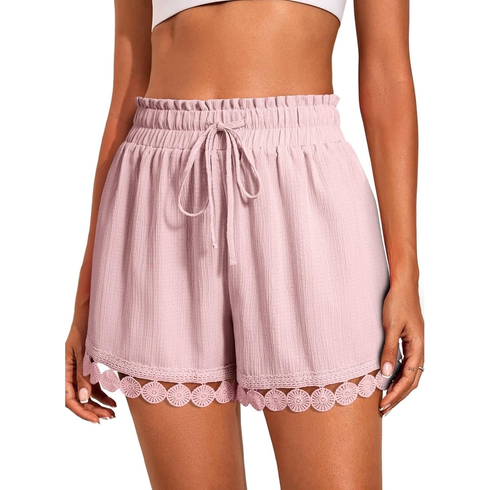 image:imageDokotoo Womens Shorts Summer Elastic Waist Wide Leg Lace Beach Cover UpsPink