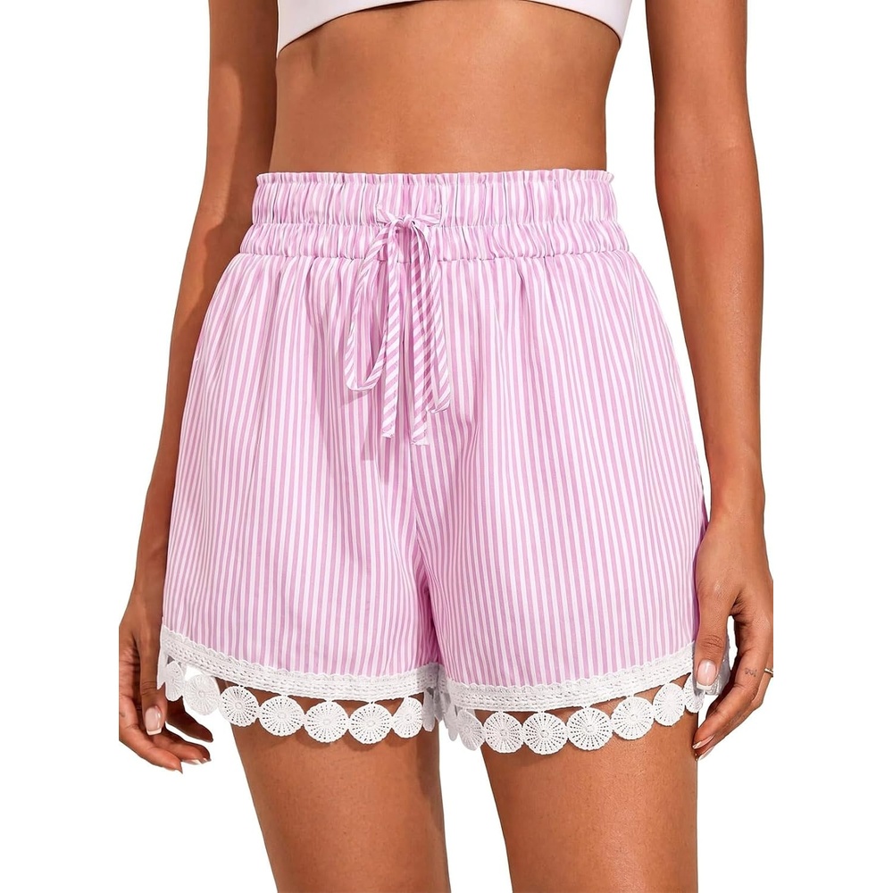 image:imageDokotoo Womens Shorts Summer Elastic Waist Wide Leg Lace Beach Cover UpsPink Stripe