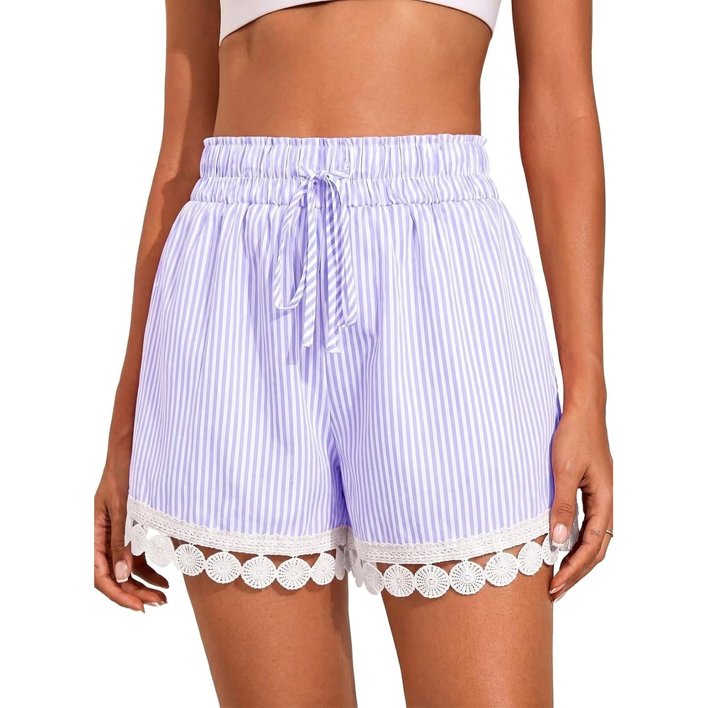 image:imageDokotoo Womens Shorts Summer Elastic Waist Wide Leg Lace Beach Cover UpsPurple Stripe
