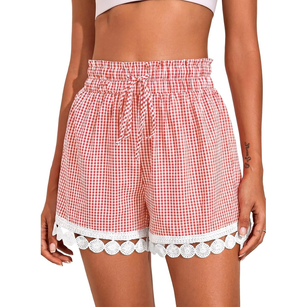 image:imageDokotoo Womens Shorts Summer Elastic Waist Wide Leg Lace Beach Cover UpsRed Plaid