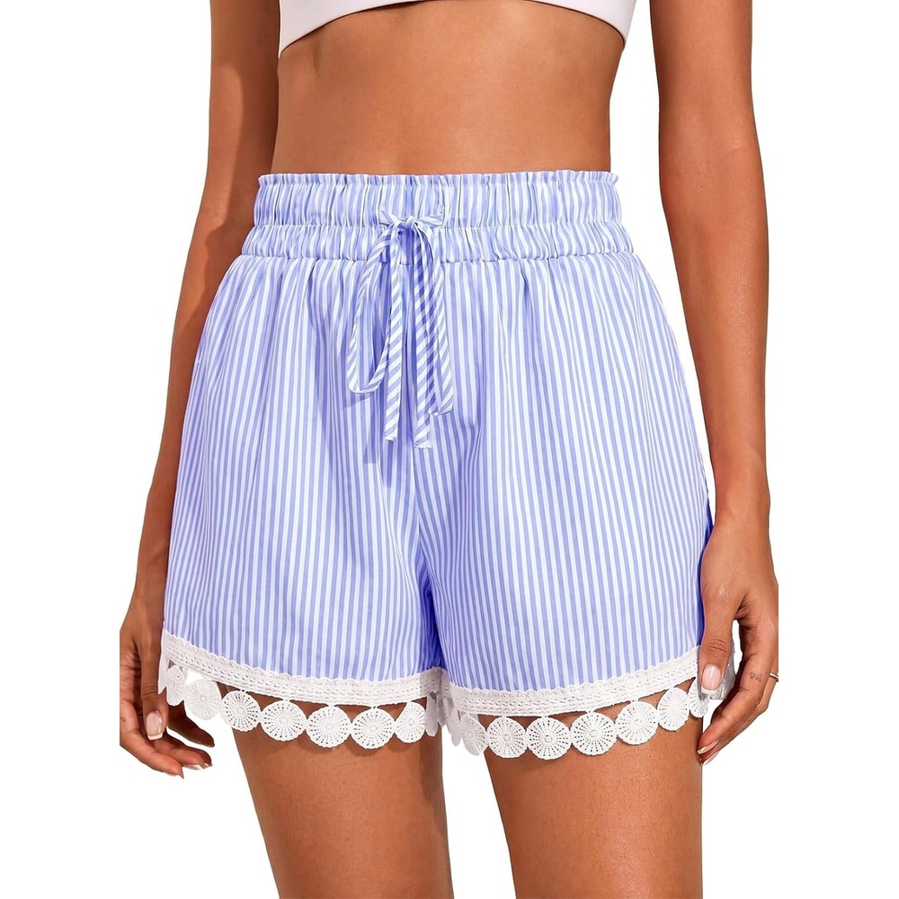 image:imageDokotoo Womens Shorts Summer Elastic Waist Wide Leg Lace Beach Cover UpsSky Blue Stripe