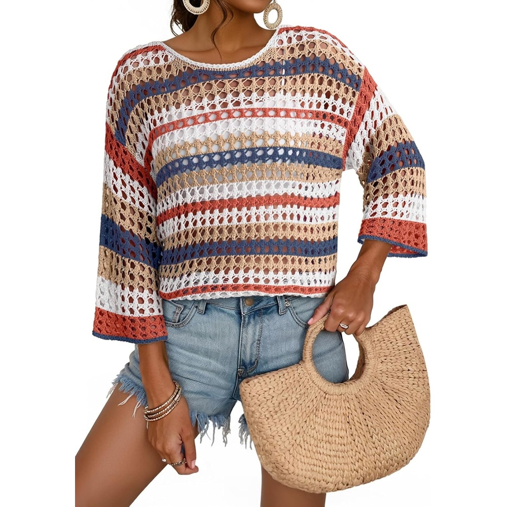 image:imageDokotoo Womens Summer Fall 34 Sleeve Crochet Sweater Hollow Out Color Block Striped Tops Casual Beach Vacation Cover UpsBeige