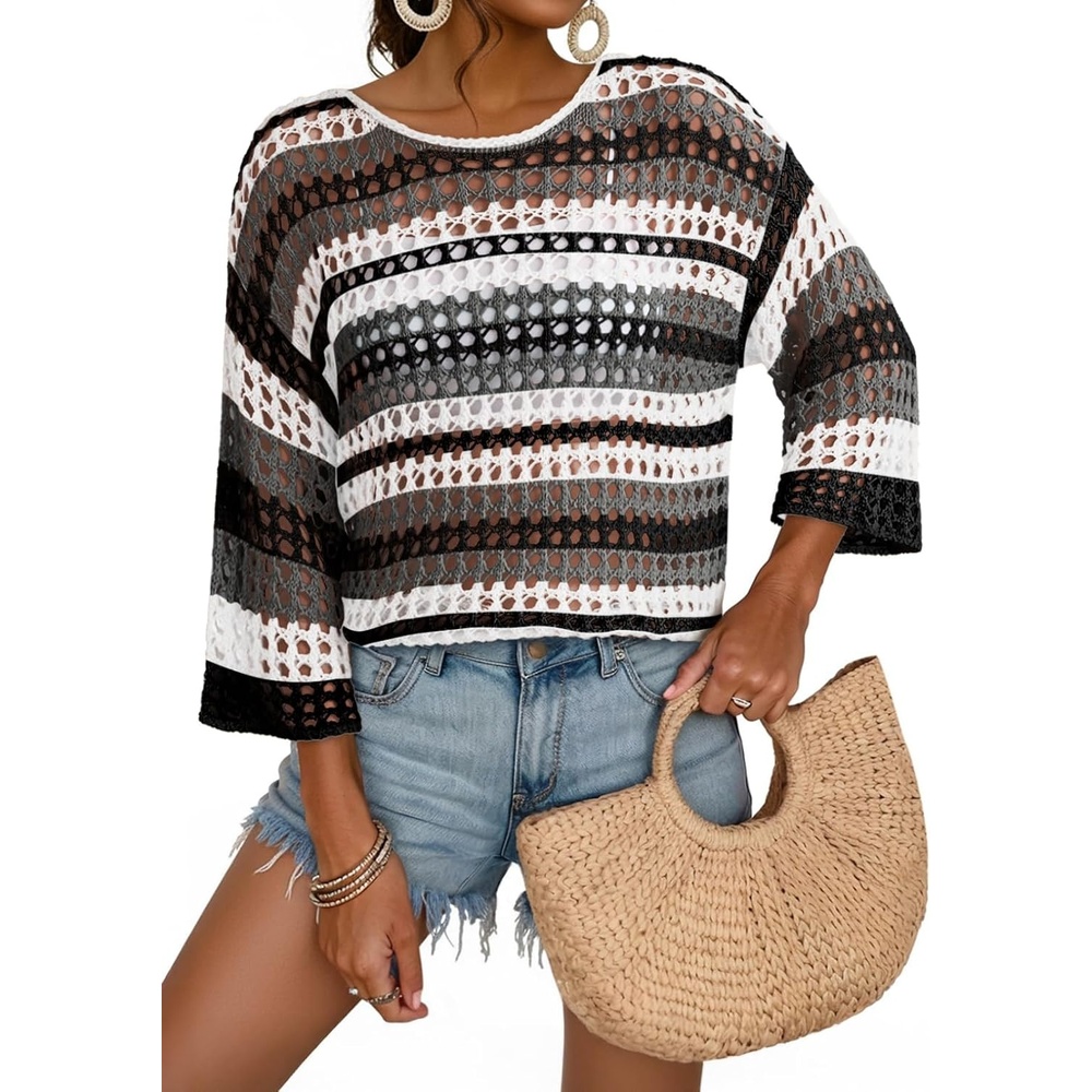 image:imageDokotoo Womens Summer Fall 34 Sleeve Crochet Sweater Hollow Out Color Block Striped Tops Casual Beach Vacation Cover UpsBlack