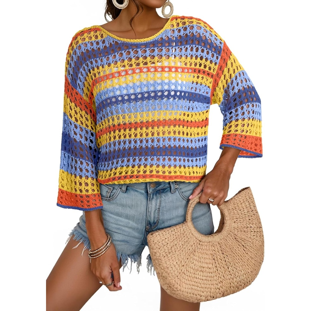 image:imageDokotoo Womens Summer Fall 34 Sleeve Crochet Sweater Hollow Out Color Block Striped Tops Casual Beach Vacation Cover UpsCarrot