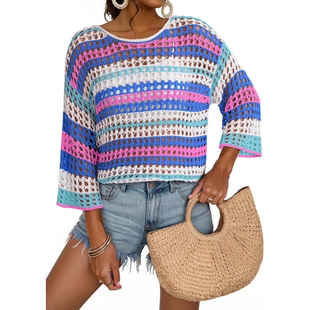 image:imageDokotoo Womens Summer Fall 34 Sleeve Crochet Sweater Hollow Out Color Block Striped Tops Casual Beach Vacation Cover UpsDark Blue