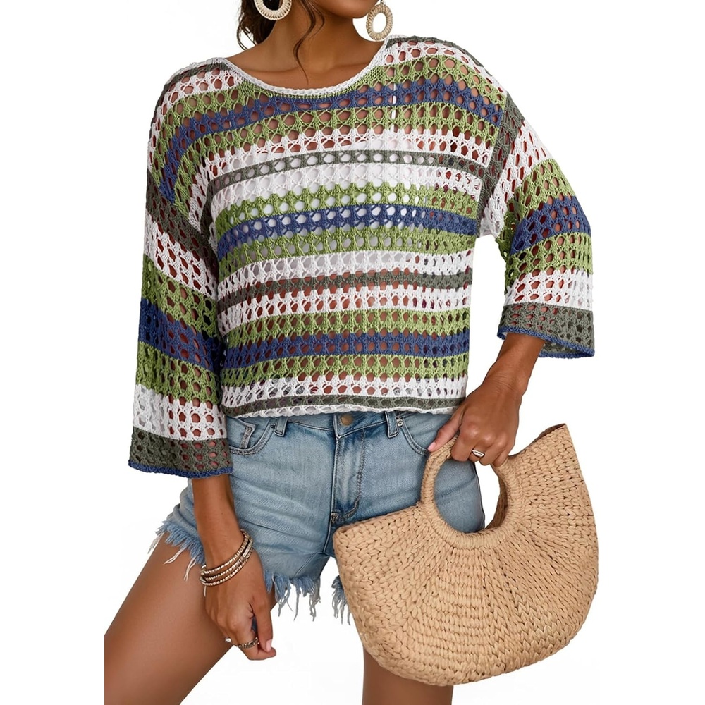 image:imageDokotoo Womens Summer Fall 34 Sleeve Crochet Sweater Hollow Out Color Block Striped Tops Casual Beach Vacation Cover UpsGreen