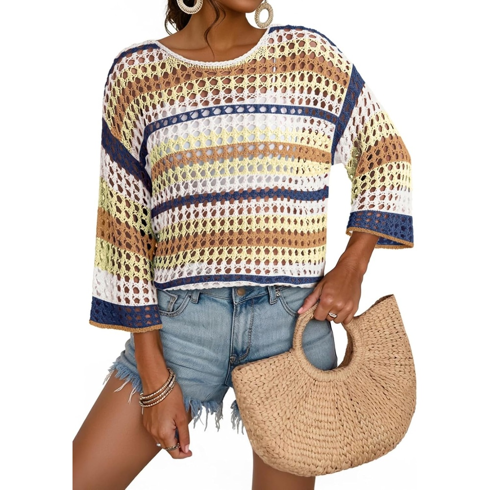 image:imageDokotoo Womens Summer Fall 34 Sleeve Crochet Sweater Hollow Out Color Block Striped Tops Casual Beach Vacation Cover UpsKhaki