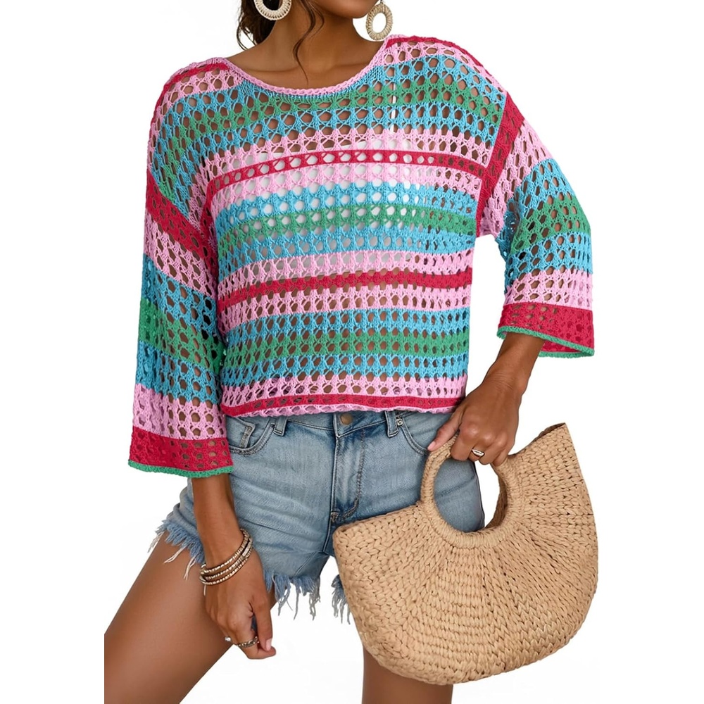 image:imageDokotoo Womens Summer Fall 34 Sleeve Crochet Sweater Hollow Out Color Block Striped Tops Casual Beach Vacation Cover UpsMineral Red