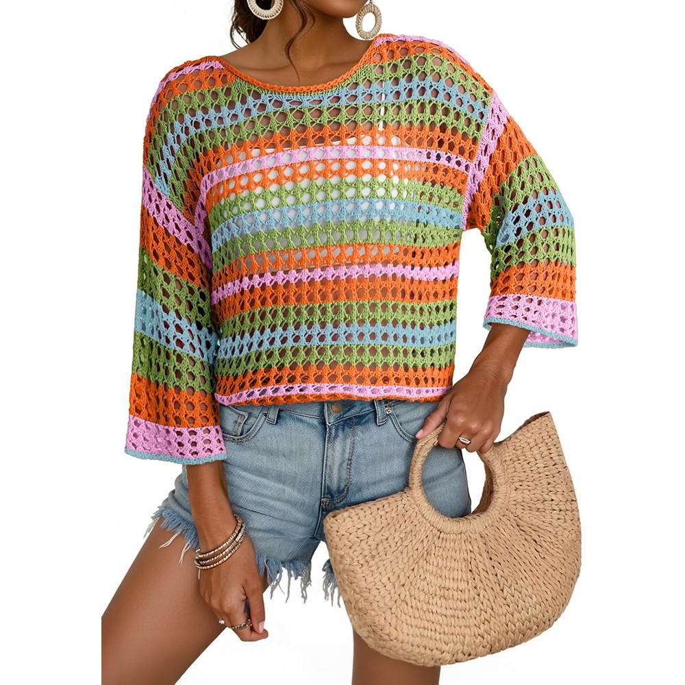 image:imageDokotoo Womens Summer Fall 34 Sleeve Crochet Sweater Hollow Out Color Block Striped Tops Casual Beach Vacation Cover UpsOrange
