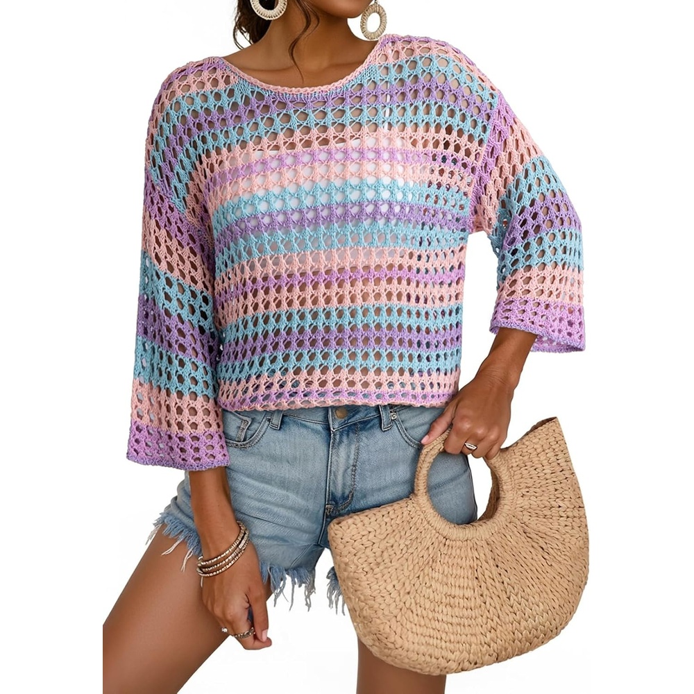 image:imageDokotoo Womens Summer Fall 34 Sleeve Crochet Sweater Hollow Out Color Block Striped Tops Casual Beach Vacation Cover UpsPurple