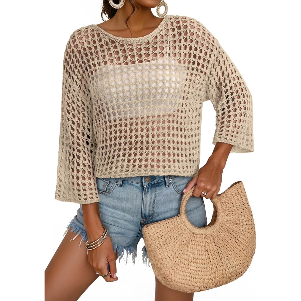 image:imageDokotoo Womens Summer Fall 34 Sleeve Crochet Sweater Hollow Out Color Block Striped Tops Casual Beach Vacation Cover UpsSolid Apricot