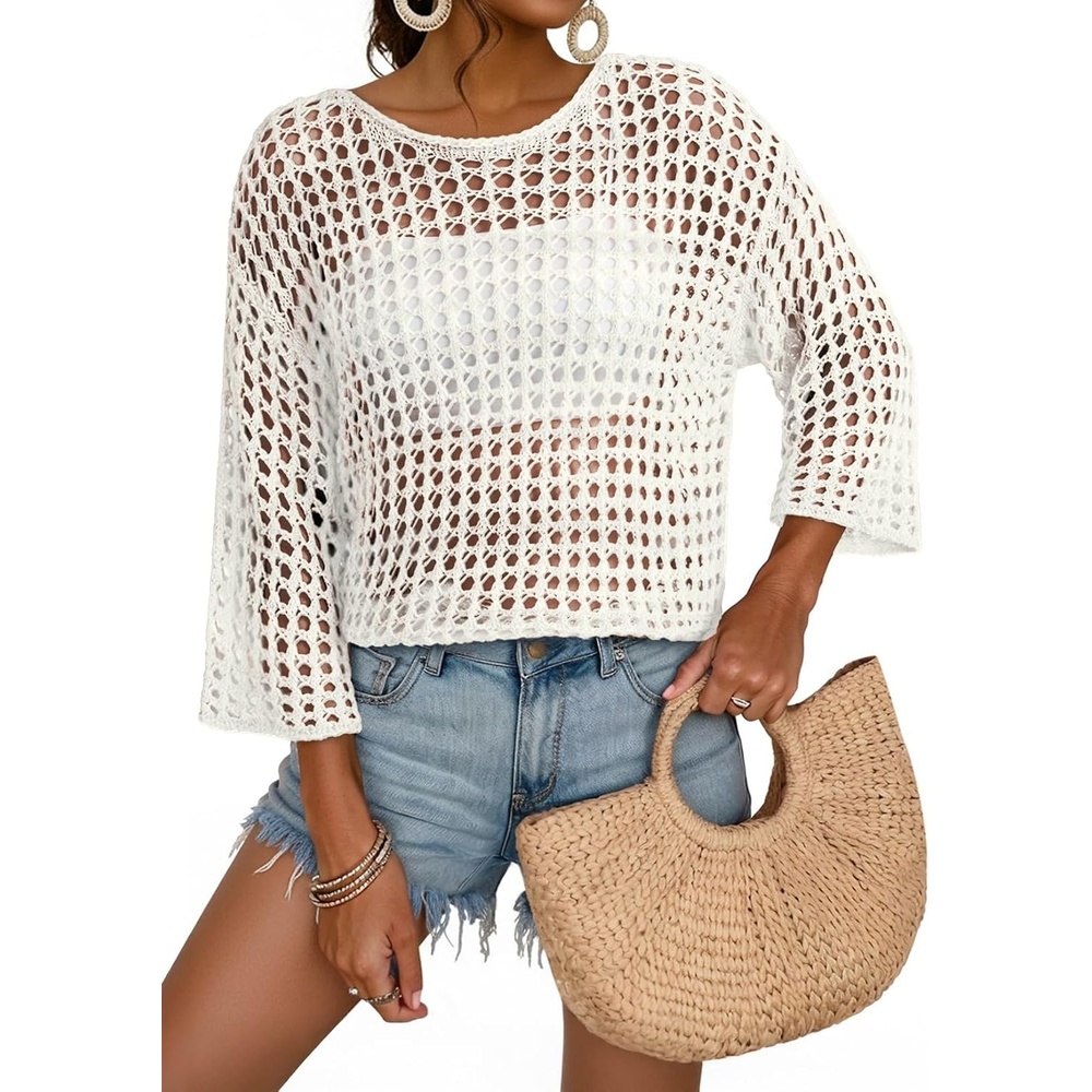 image:imageDokotoo Womens Summer Fall 34 Sleeve Crochet Sweater Hollow Out Color Block Striped Tops Casual Beach Vacation Cover UpsSolid White