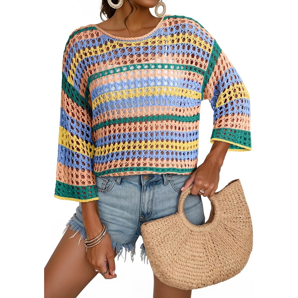 image:imageDokotoo Womens Summer Fall 34 Sleeve Crochet Sweater Hollow Out Color Block Striped Tops Casual Beach Vacation Cover UpsYellow