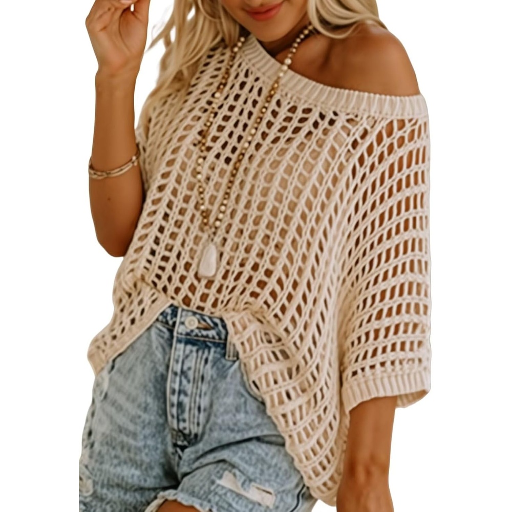 image:imageDokotoo Womens Summer Scoop Neck Short Sleeve Sweater Casual Crochet Hollow Out Knit Tops Pullover Shirts Beach CoverupApricot