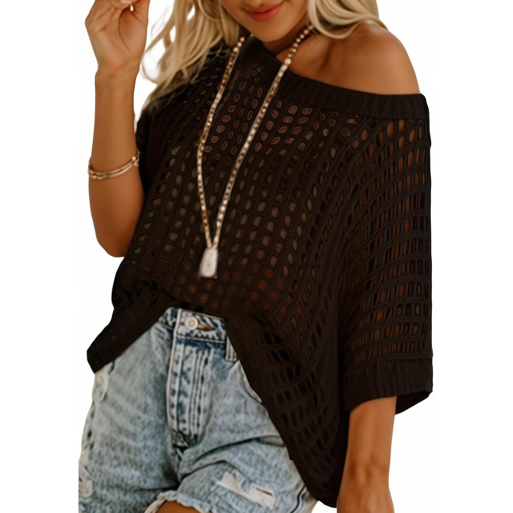 image:imageDokotoo Womens Summer Scoop Neck Short Sleeve Sweater Casual Crochet Hollow Out Knit Tops Pullover Shirts Beach CoverupBlack