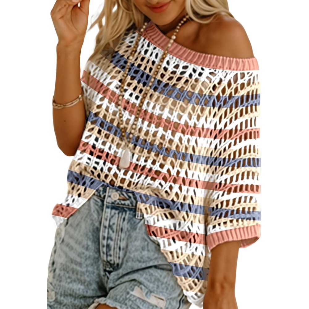 image:imageDokotoo Womens Summer Scoop Neck Short Sleeve Sweater Casual Crochet Hollow Out Knit Tops Pullover Shirts Beach CoverupBlue Stripe