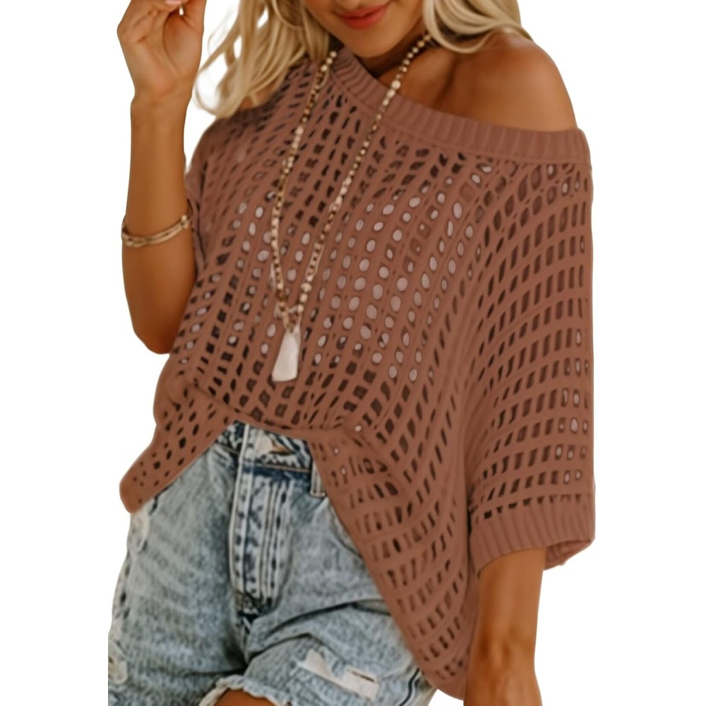 image:imageDokotoo Womens Summer Scoop Neck Short Sleeve Sweater Casual Crochet Hollow Out Knit Tops Pullover Shirts Beach CoverupCoffee