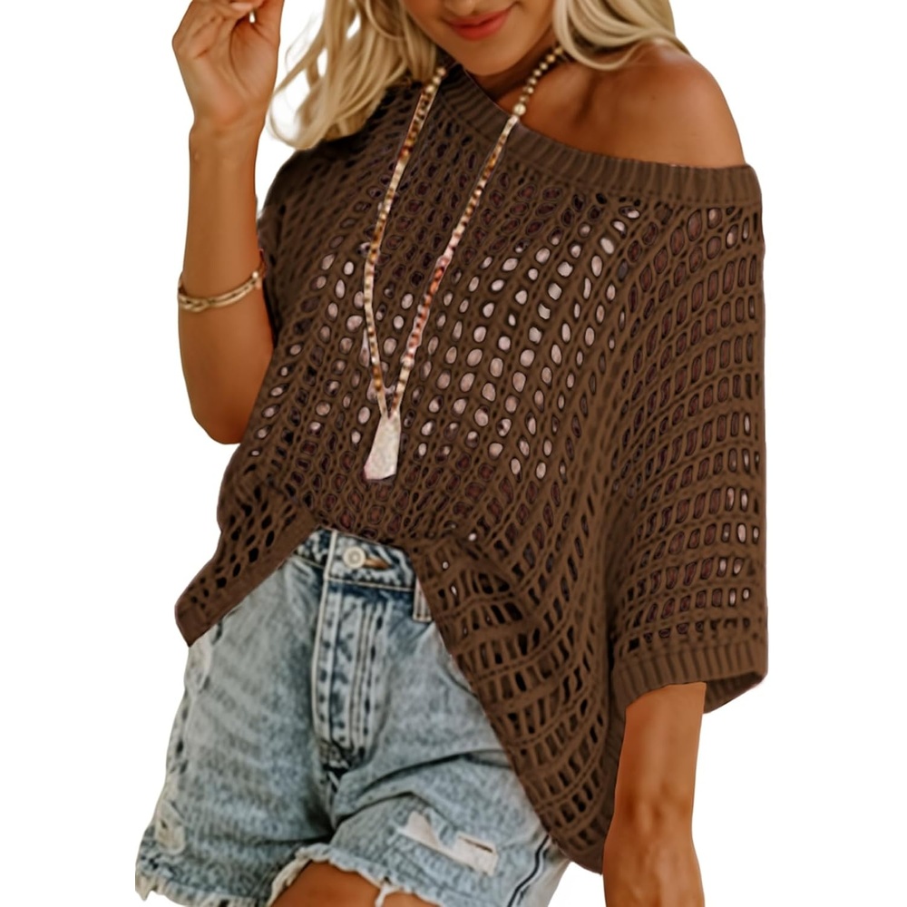 image:imageDokotoo Womens Summer Scoop Neck Short Sleeve Sweater Casual Crochet Hollow Out Knit Tops Pullover Shirts Beach CoverupDesert Palm