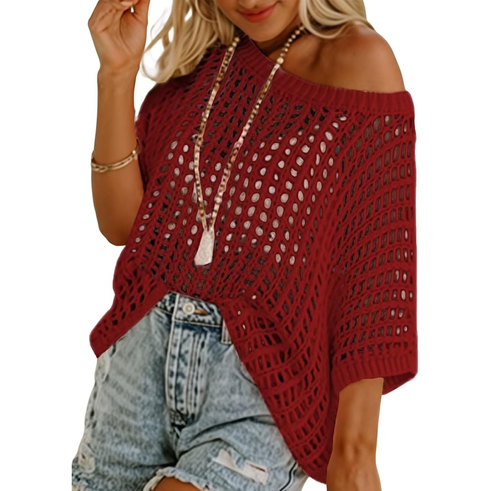 image:imageDokotoo Womens Summer Scoop Neck Short Sleeve Sweater Casual Crochet Hollow Out Knit Tops Pullover Shirts Beach CoverupFiery Red