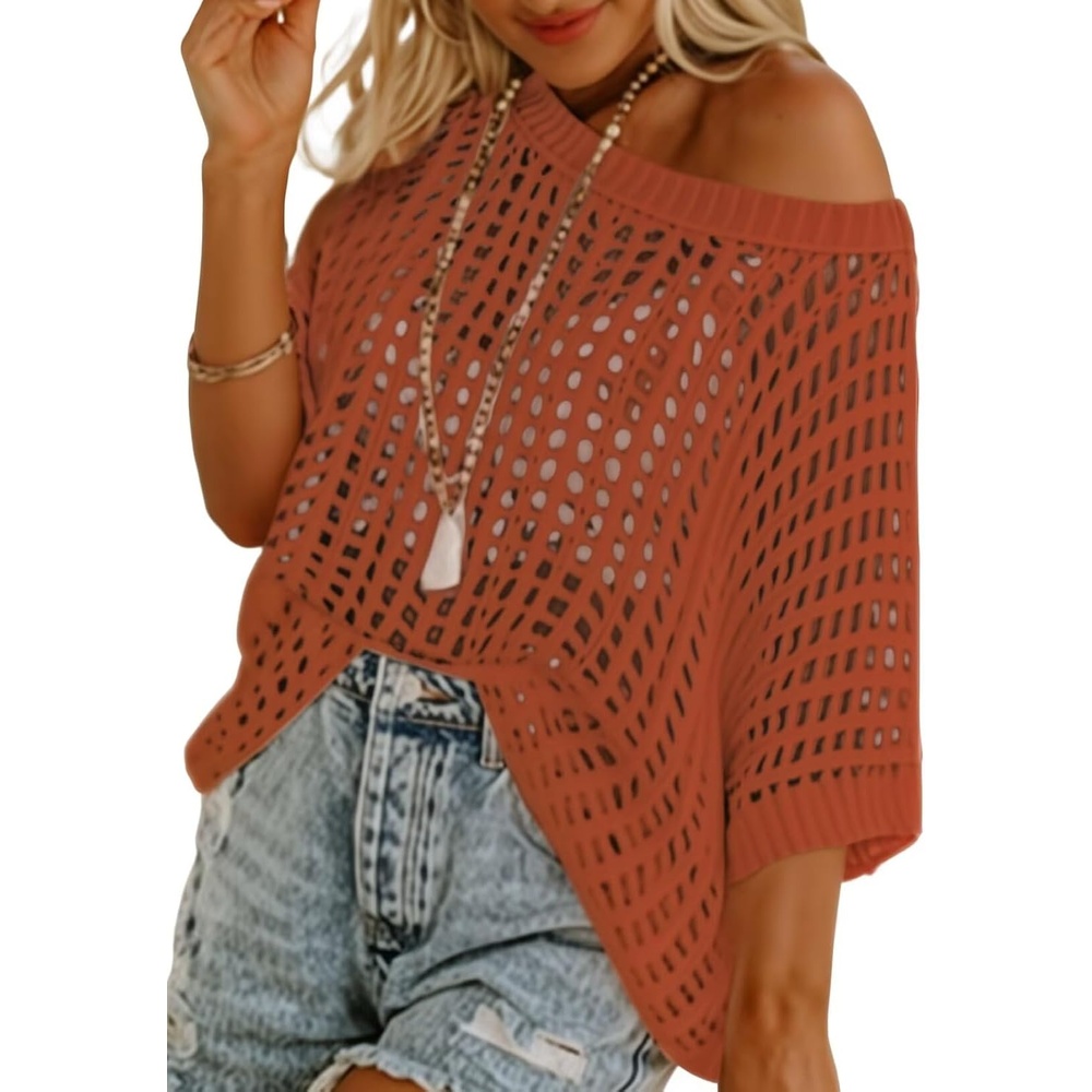 image:imageDokotoo Womens Summer Scoop Neck Short Sleeve Sweater Casual Crochet Hollow Out Knit Tops Pullover Shirts Beach CoverupGold Flame