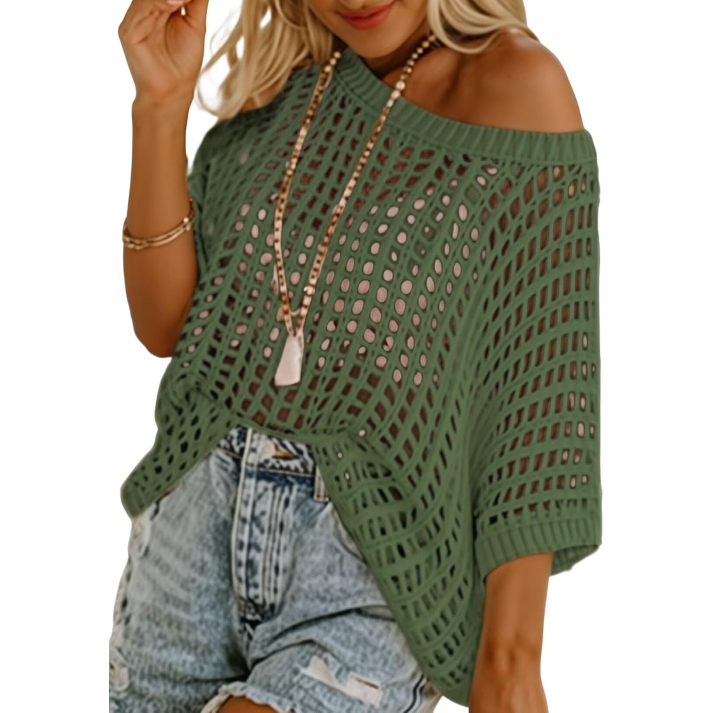 image:imageDokotoo Womens Summer Scoop Neck Short Sleeve Sweater Casual Crochet Hollow Out Knit Tops Pullover Shirts Beach CoverupMist Green