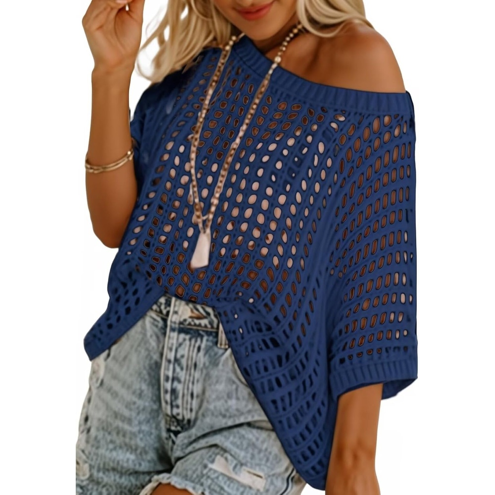 image:imageDokotoo Womens Summer Scoop Neck Short Sleeve Sweater Casual Crochet Hollow Out Knit Tops Pullover Shirts Beach CoverupNavy Blue