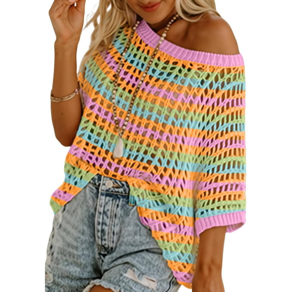 image:imageDokotoo Womens Summer Scoop Neck Short Sleeve Sweater Casual Crochet Hollow Out Knit Tops Pullover Shirts Beach CoverupOrange Stripe