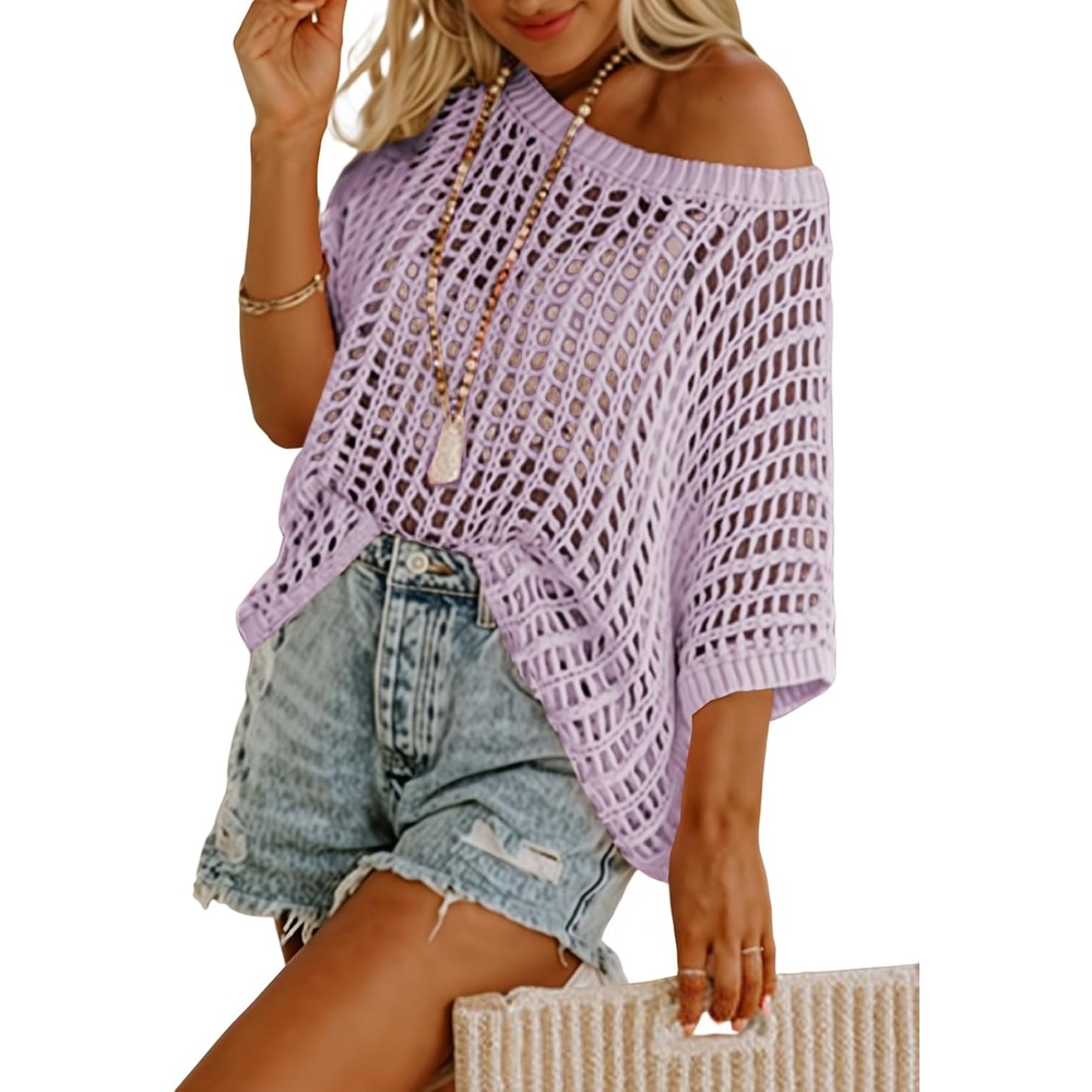 image:imageDokotoo Womens Summer Scoop Neck Short Sleeve Sweater Casual Crochet Hollow Out Knit Tops Pullover Shirts Beach CoverupOrchid Bouquet