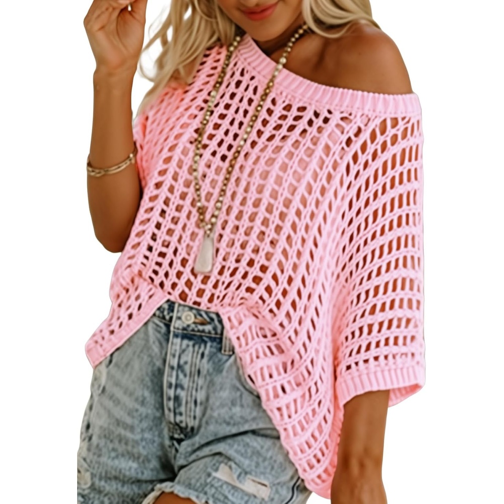 image:imageDokotoo Womens Summer Scoop Neck Short Sleeve Sweater Casual Crochet Hollow Out Knit Tops Pullover Shirts Beach CoverupPink