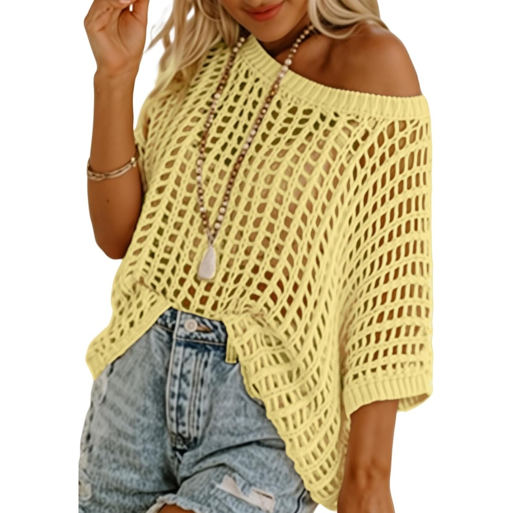 image:imageDokotoo Womens Summer Scoop Neck Short Sleeve Sweater Casual Crochet Hollow Out Knit Tops Pullover Shirts Beach CoverupYellow Cream