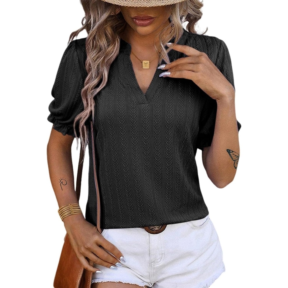 image:imageDokotoo Womens Summer Short Puff Sleeves Blouses Shirts V Neck Cute Solid Knit Textured Casual Regular Fit TopsBlack