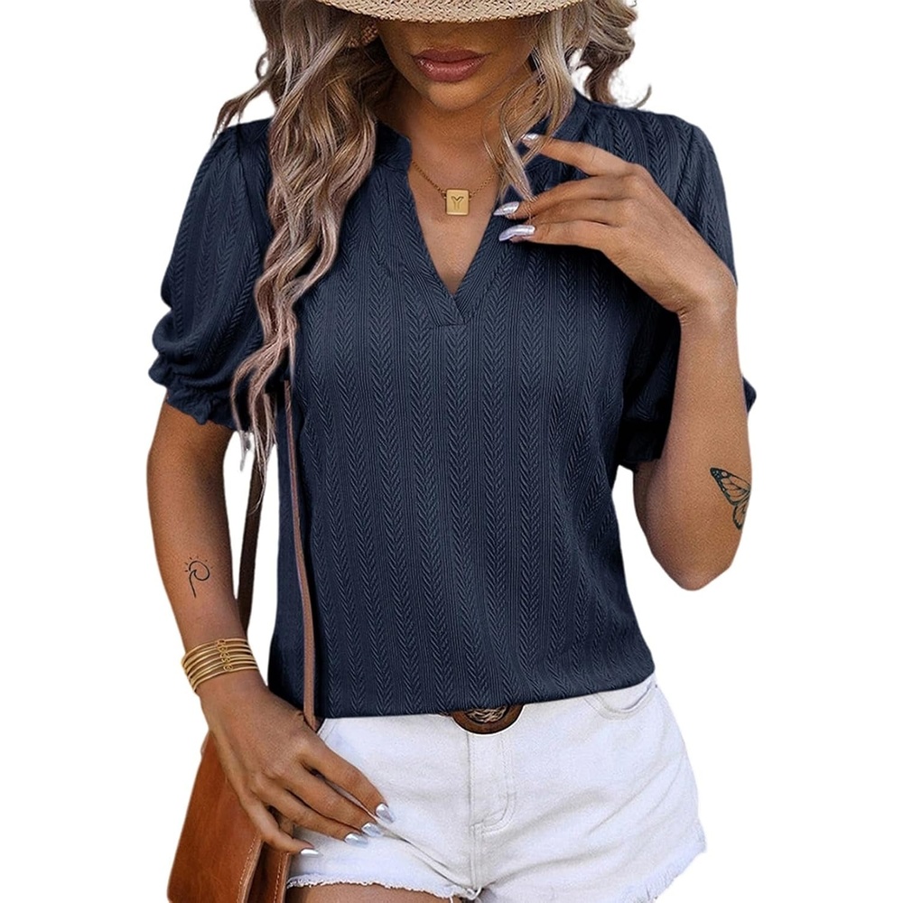 image:imageDokotoo Womens Summer Short Puff Sleeves Blouses Shirts V Neck Cute Solid Knit Textured Casual Regular Fit TopsNavy Blue
