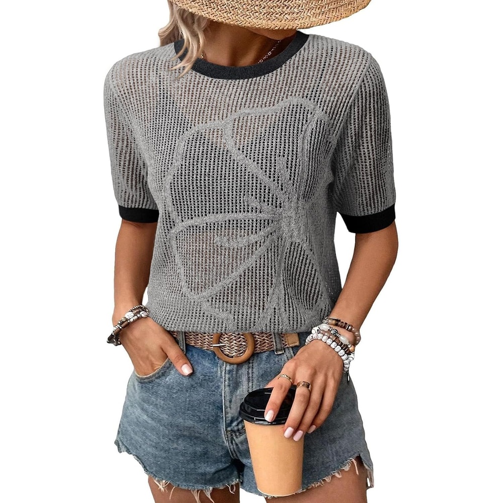 image:imageDokotoo Womens Summer Short Sleeve Crochet Tops Hollow Out Floral Sweaters Beach Vacation Cruise OutfitsColorblock Gray