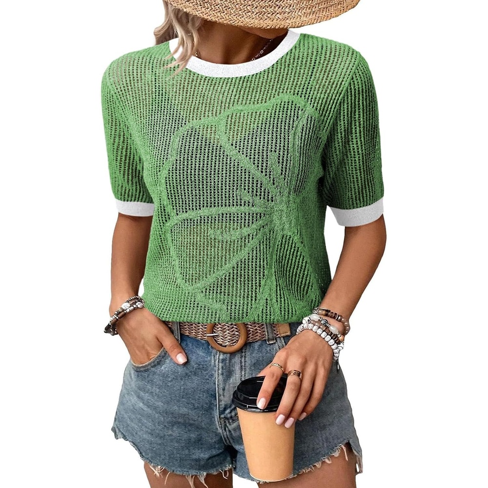 image:imageDokotoo Womens Summer Short Sleeve Crochet Tops Hollow Out Floral Sweaters Beach Vacation Cruise OutfitsColorblock Green