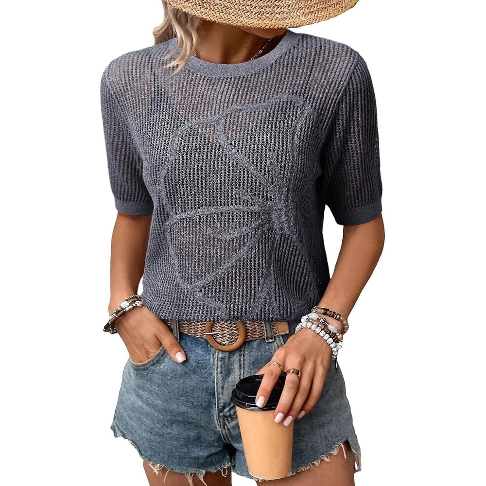 image:imageDokotoo Womens Summer Short Sleeve Crochet Tops Hollow Out Floral Sweaters Beach Vacation Cruise OutfitsDark Blue