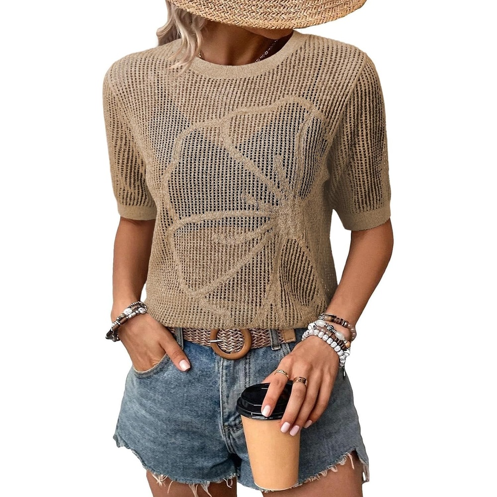 image:imageDokotoo Womens Summer Short Sleeve Crochet Tops Hollow Out Floral Sweaters Beach Vacation Cruise OutfitsKhaki