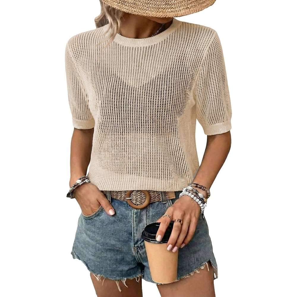 image:imageDokotoo Womens Summer Short Sleeve Crochet Tops Hollow Out Floral Sweaters Beach Vacation Cruise OutfitsSolid Apricot