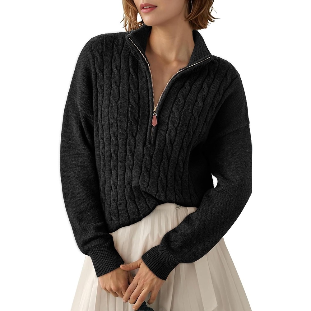 image:imageDokotoo Womens Sweaters 2026 Fall Winter Quarter Zip Ribbed Cable KnitBlack