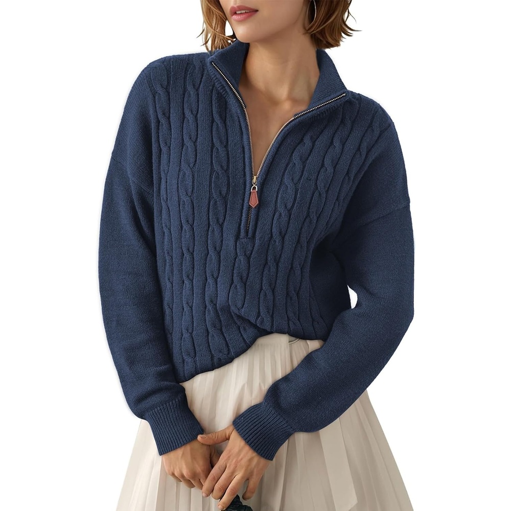 image:imageDokotoo Womens Sweaters 2026 Fall Winter Quarter Zip Ribbed Cable KnitNavy Blue
